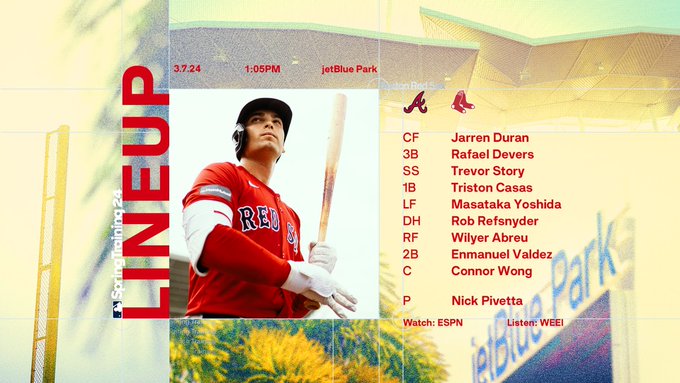 March 7 Red Sox Lineup v. Atlanta:
Duran CF, Devers 3B, Story SS, Casas 1B, Yoshida LF, Refsnyder DH, Abreu RF, Valdez 2B, Wong C, Pivetta P

1:05pm at JetBlue Park

Watch: ESPN Listen: WEEI

A photo of Triston Casas on deck is featured. 