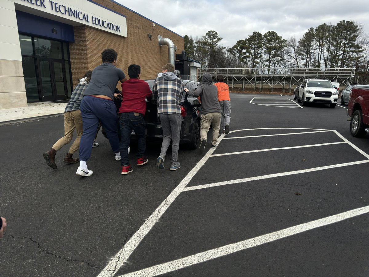 Sometimes a car breaks down in the CHS parking lot. This one had a bad starter. Pushing it from the middle lot seemed better than a Tow Truck. These boys didn’t hesitate, they went out there and pushed it all the way to the shop, oddly they had fun doing it <a href="/CCSCTE/">Cleveland CTE</a>