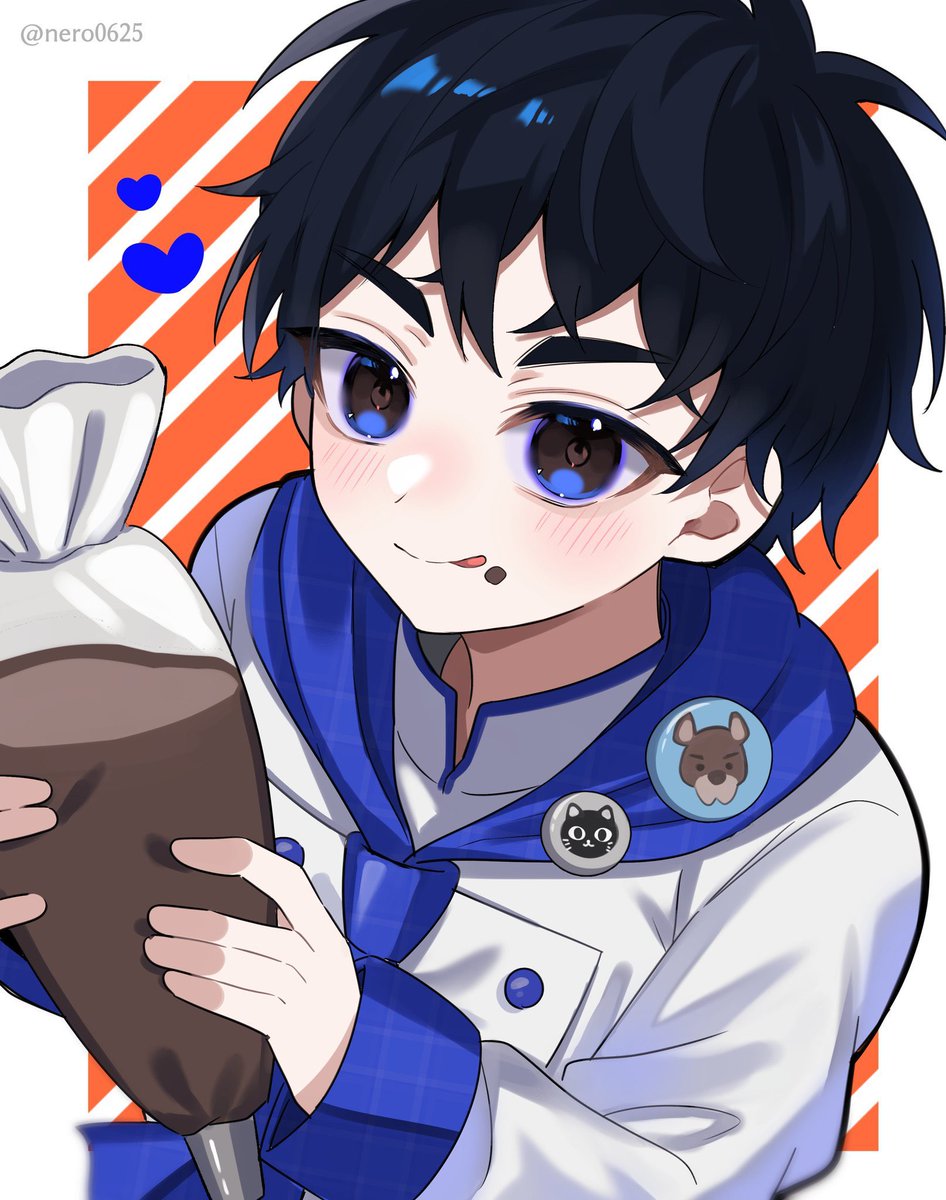1boy male focus tongue tongue out black hair blue eyes solo  illustration images