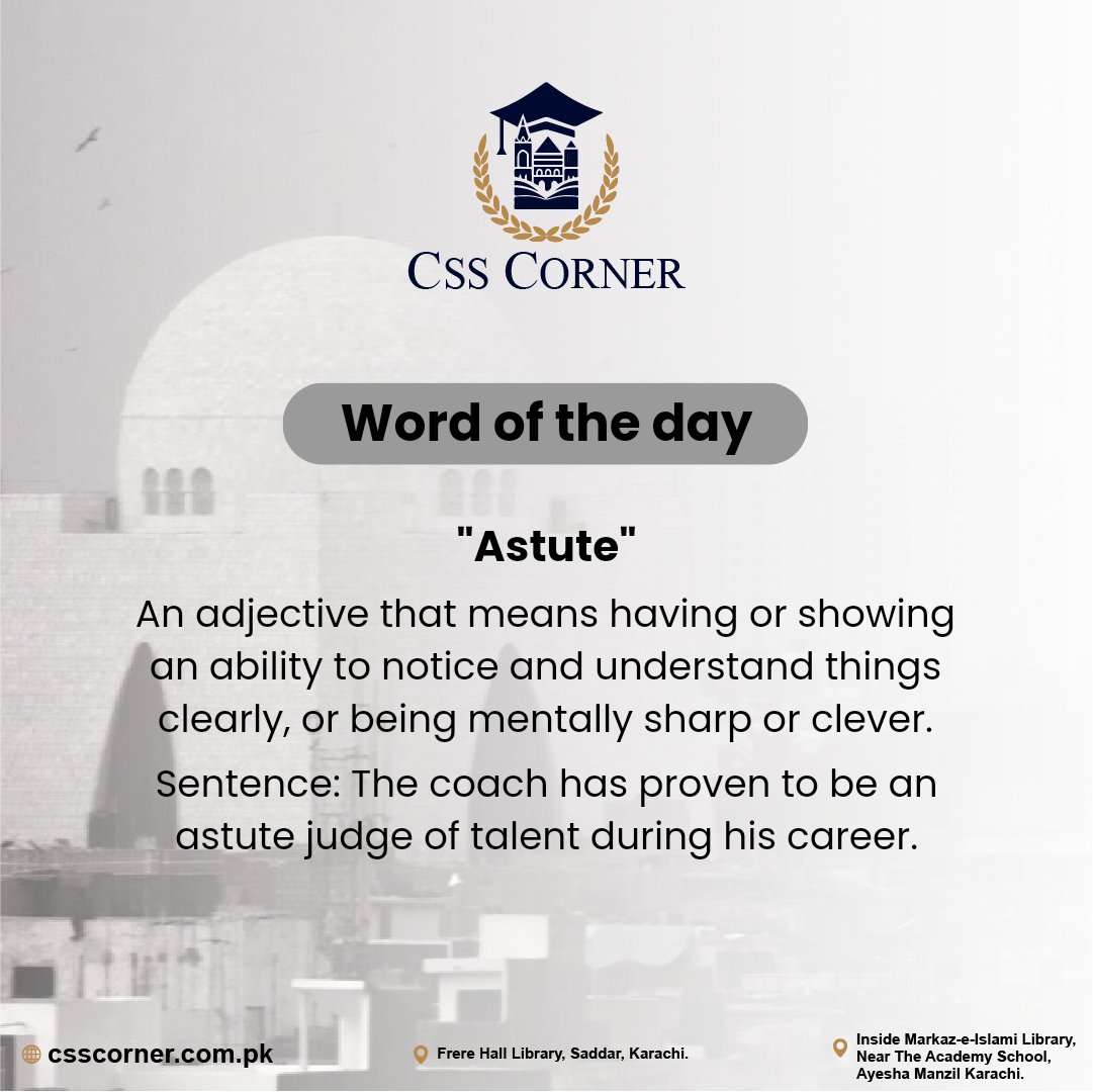 CSSCorner's tweet image. Word of the Day: Astute
Share your sentence in the comments below!
#wordoftheday #csscorner #sentences #englishvocabs #preparation #AcademicSuccess #css