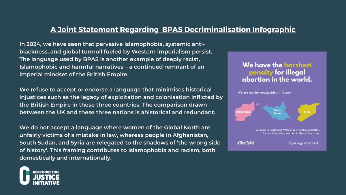 We are calling on .@BPAS1968 to issue a public apology for their social media communications and use of racist tropes. Read our joint statement with Ad'iyah Collective - reprojusticeinitiative.org/adiyah-rji-sta…