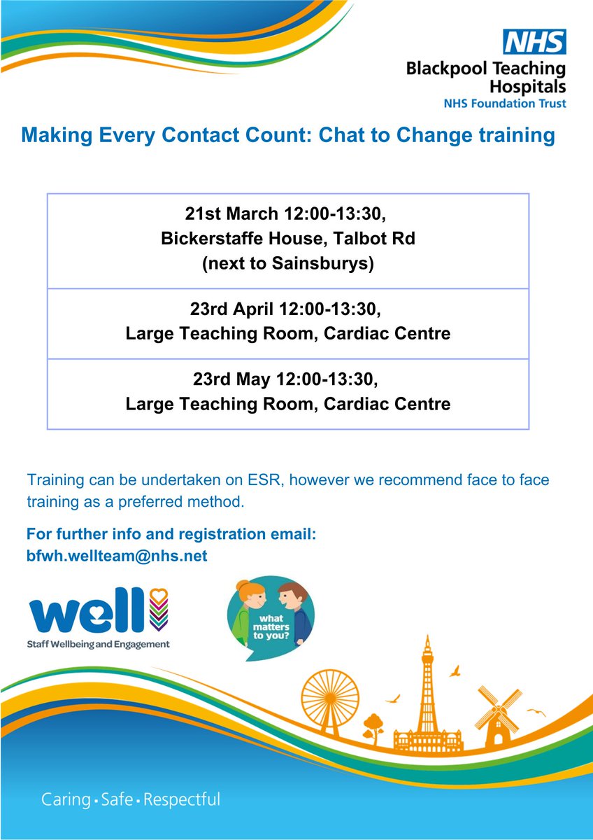 📢All staff: There are places available on the Spring dates for Making Every Contact Count training. See below for further details⬇️ Email the Well Team to reserve a place, bfwh.wellteam@nhs.net @BlackpoolHosp