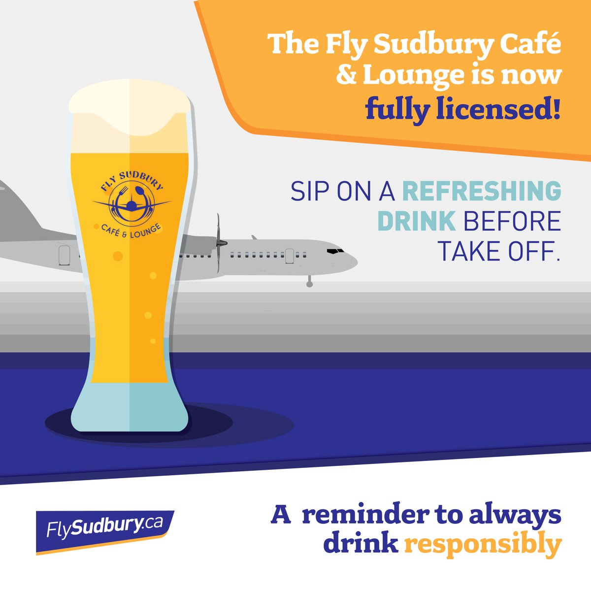 Fly Sudbury Café is now fully licensed!  Sip on a refreshing drink before takeoff 🍺

A reminder to always drink responsibly.

#AirportVibes #TravelPerks