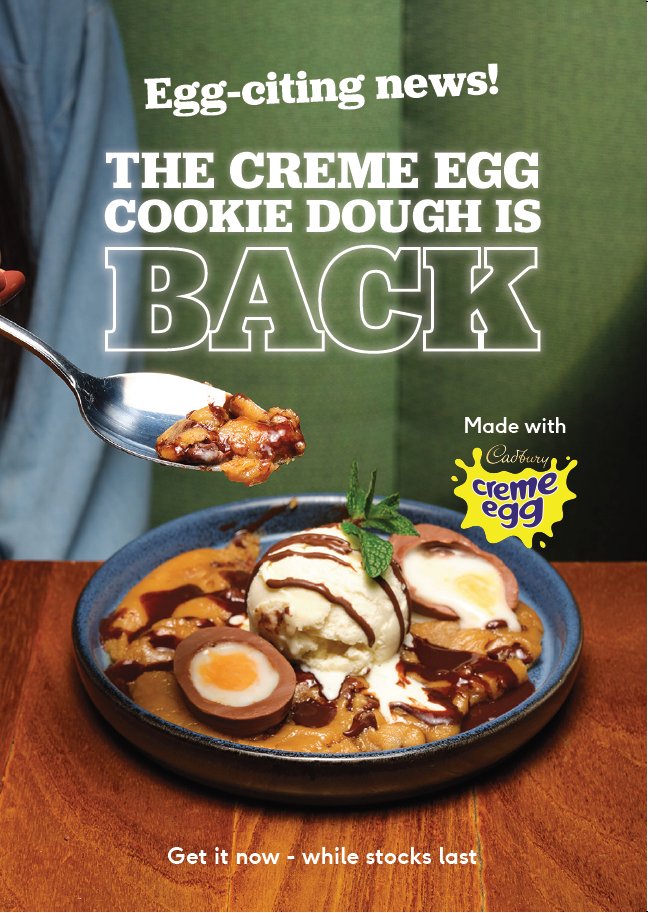Egg-citing news! The creme egg cookie dough is back at Frankie & Benny's 😋😋😋