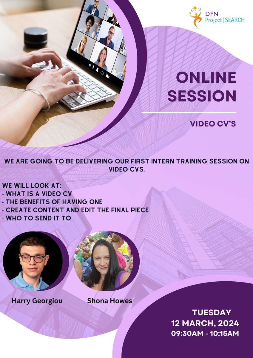 Calling all interns doing a supported internship! Join me and Shona Howes on 12th Tues for a virtual session on video CVs. Get your tickets now: tickettailor.com/events/dfnproj… #videocvs #inclusiverecruitment #inclusionrevolution #internship #careerdevelopment