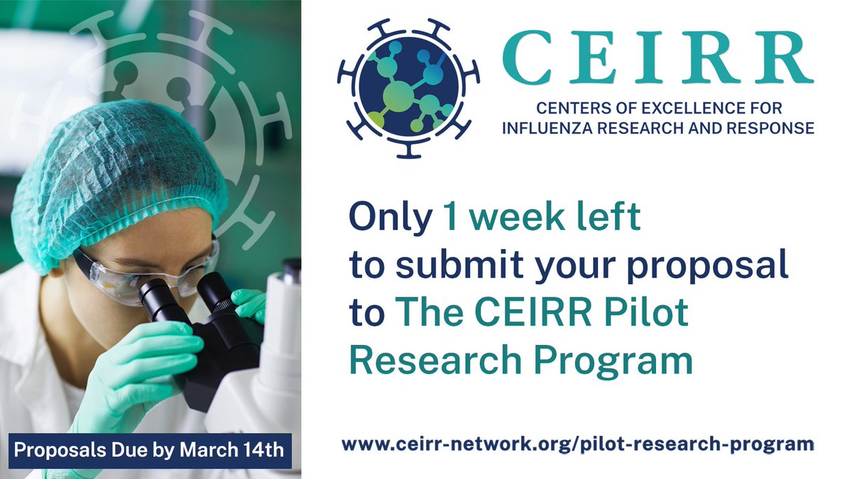 The #CEIRRPilot2024 Pilot Research Program is accepting proposals for one more week! If you’d like to collaborate with CEIRR scientists to advance #FluResearch and earn #ResearchFunding, check out the submission page for more details: ow.ly/IGRl50QwNpk