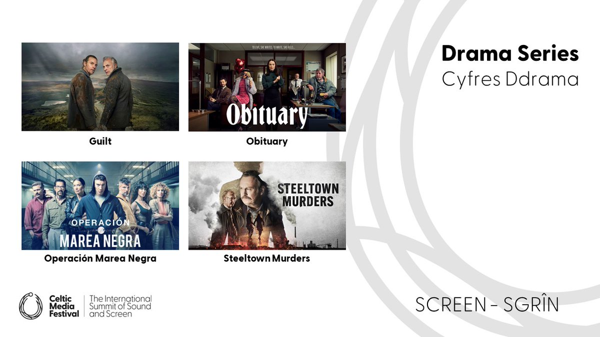 The nominees for best #DramaSeries are ✨Guilt @HappyTrampLtd @BBCScotland ✨Obituary @RTE ✨Operación Marea Negra @ficcionprodu @TVGalicia @PrimeVideo ✨Steeltown Murders @SevernScreen @BBCOne #CelticMedia #TorcAwards