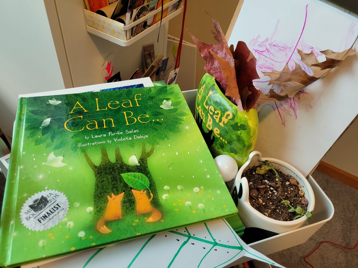 LauraPSalas's tweet photo. All set up for my A LEAF CAN BE... virtual field trip with Streamable Learning this morning. Plenty of props! #lernerbooks #virtualauthorvisits #StreamableLearning https://t.co/N7I5VviExY