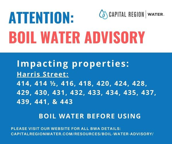 ATTN @CapRegionWater customers: A Boil Water Advisory has been issued to 18 properties between 414 to 443 Harris St. Please BOIL WATER BEFORE USING until notice is lifted. Visit CRW's website for details: capitalregionwater.com/resou.../boil-…. Call CRW at 888-510-0606 with any questions.