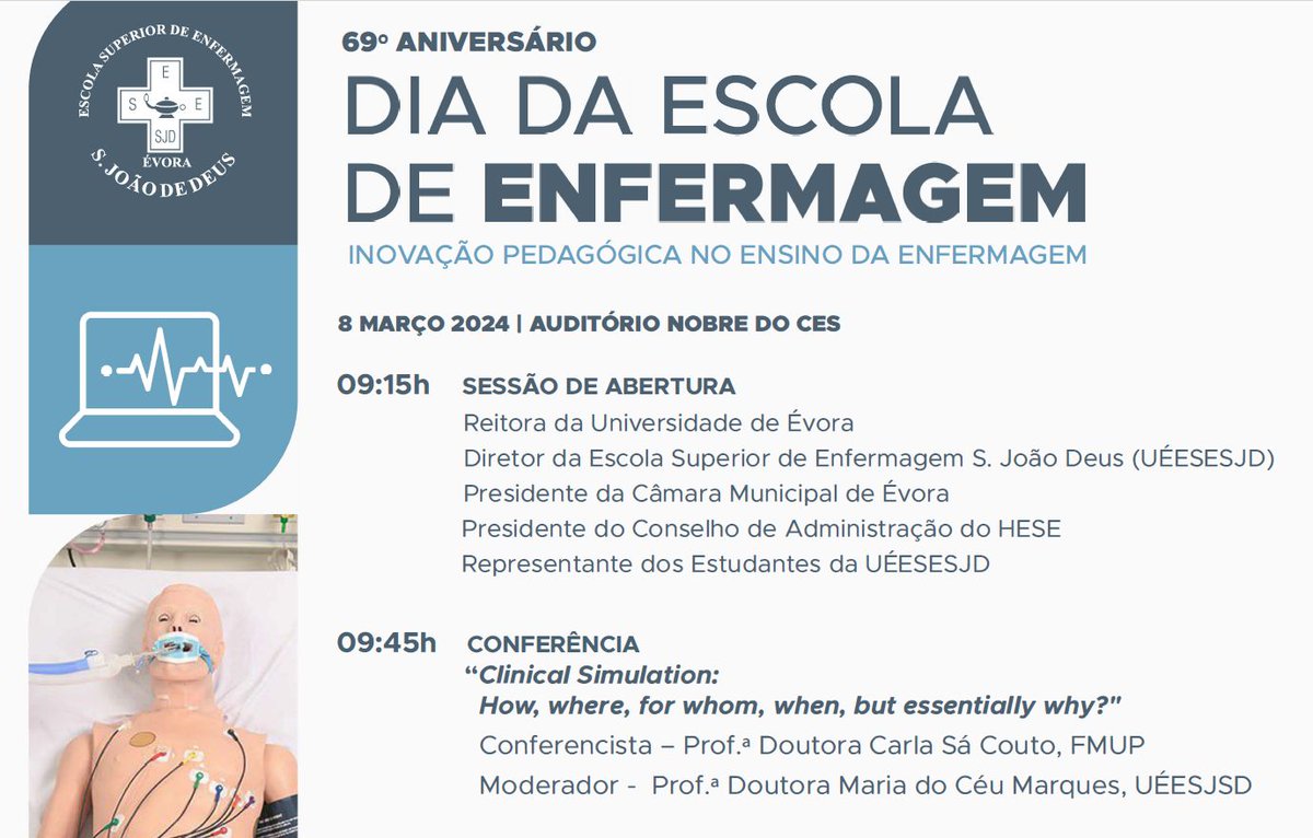 So honored to be the invited speaker at the 69th anniversary of the Esc Sup Enf S. João de Deus, @UEvora, and contribute to the conversation on innovative nursing education with the talk on 'Clinical Simulation: How, where, for whom, when, but essentially why?' Looking forward!