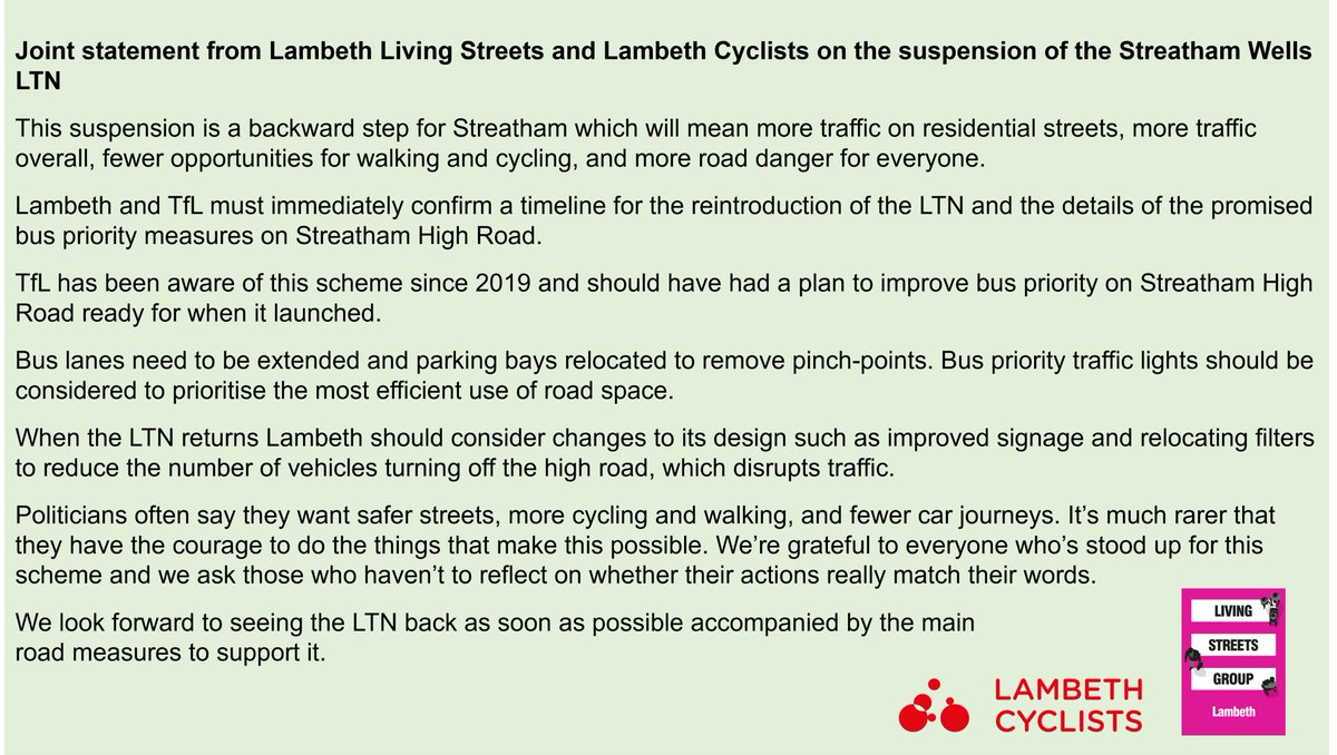 Joint statement from us and @LambethCyclists on the suspension of the Streatham Wells LTN: