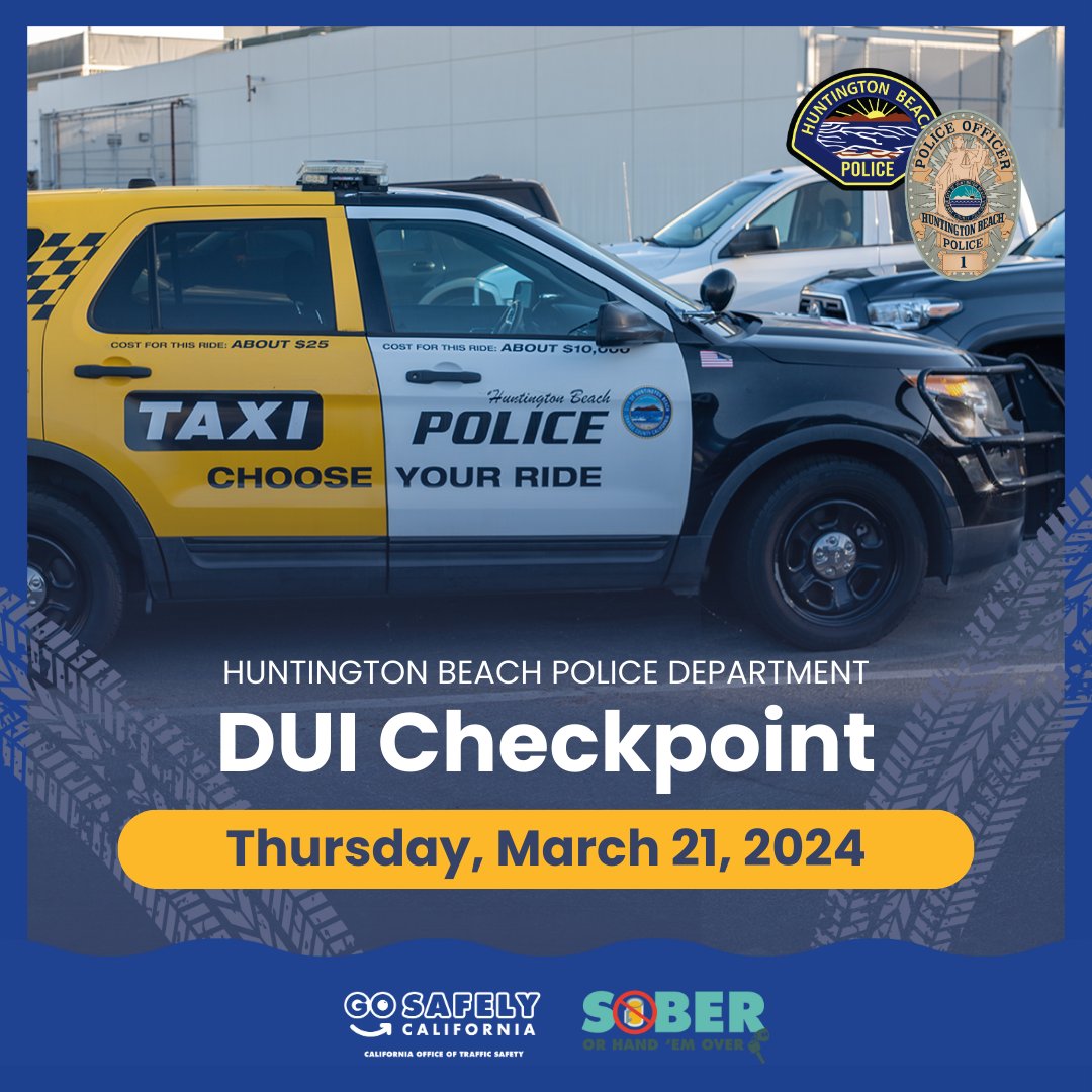 The HBPD will conduct a DUI checkpoint on 3/21, between 6 pm & 2 am, within the City limits. The location has been selected based on DUI crash & arrest statistics. The NHTSA provided funding for the checkpoint. For the press release, visit bit.ly/HBPDPressRelea….