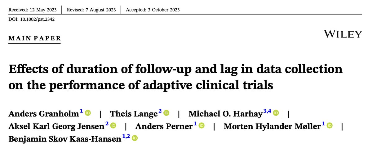 'Effects of duration of follow-up and lag in data collection on the performance of adaptive clinical trials' Led by @andersgranholm @benskov @INCEPTdk @AndersPerner Open access: onlinelibrary.wiley.com/doi/10.1002/ps…