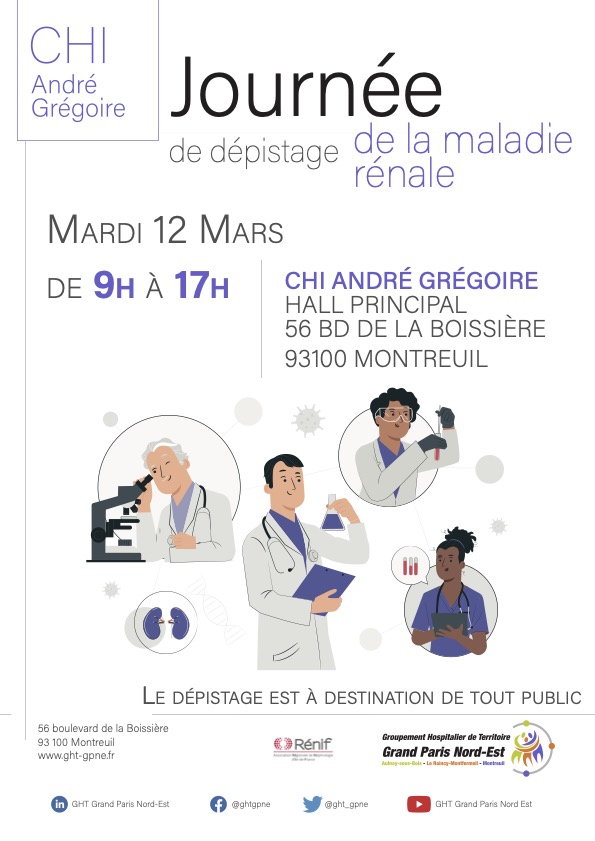 [🧫Journée de dépistage de la maladie rénale CHI André Grégoire 🧫] 📅 Mardi 12 mars, de 9h à 17h 📌 Hall de l'hôpital ℹ️ Gratuit et ouvert à toutes et tous ➡️ Prévention, conseils #hopital #sante #prevention