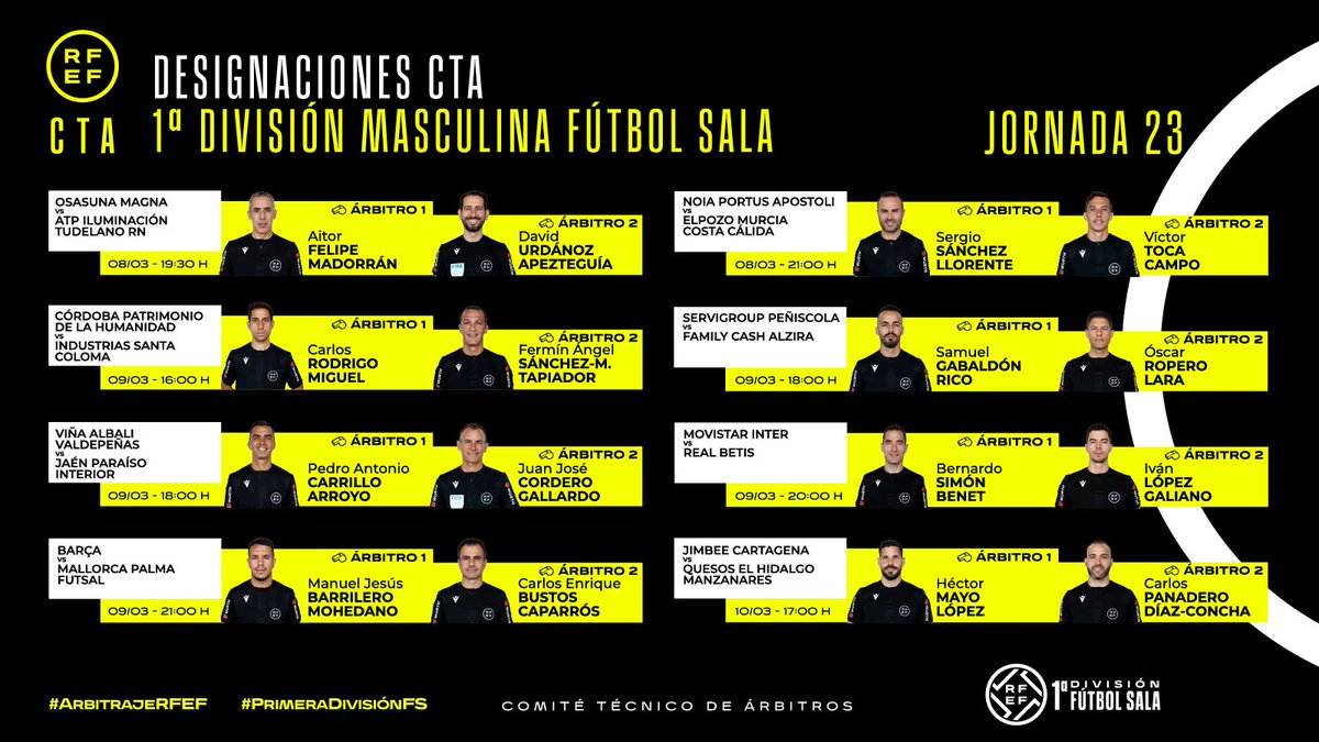 ⚖️ ÁRBITROS |   

Estos son los colegiados designados para la jornada 2️⃣3️⃣ en #PrimeraDivisiónFS.  

#ArbitrajeRFEF