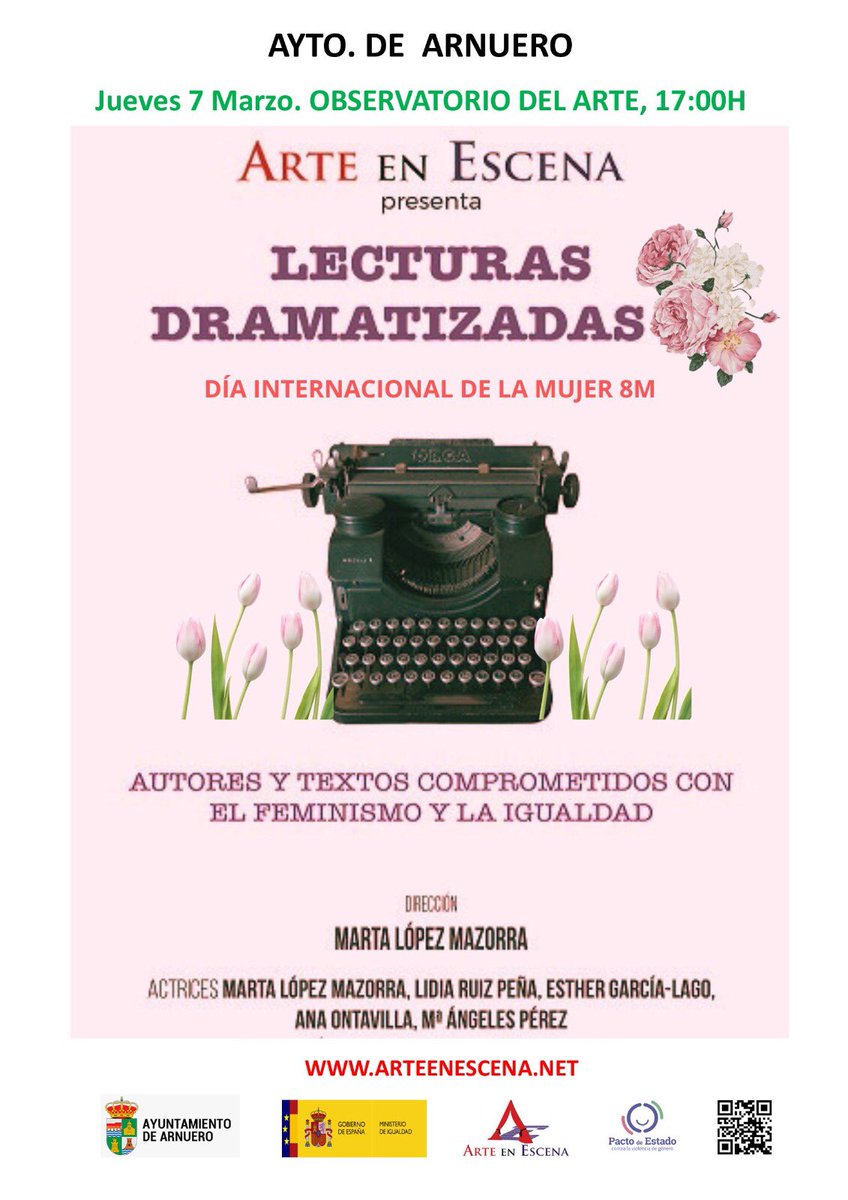 Hoy jueves 7 de marzo, en el Observatorio del Arte, a las 17:00, con motivo del Día Internacional de la Mujer, tendremos, de la mano de Arte en escena, lecturas dramatizadas. ¡Os esperamos!