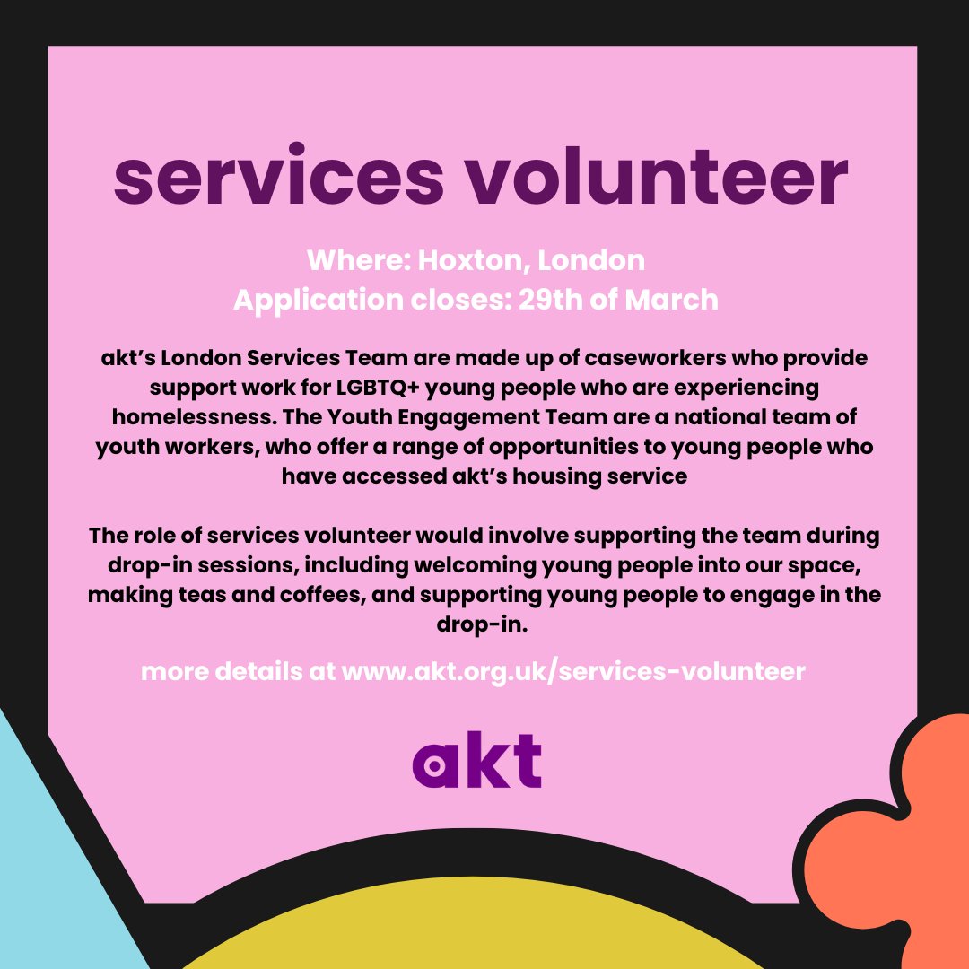 📣Volunteer Role Available!📣 Do you want to help make a meaningful difference to the lives of #LGBTQ+ young people who are at risk of, or experiencing homelessness? 🔗Find out more about our services volunteer role: akt.org.uk/services-volun…