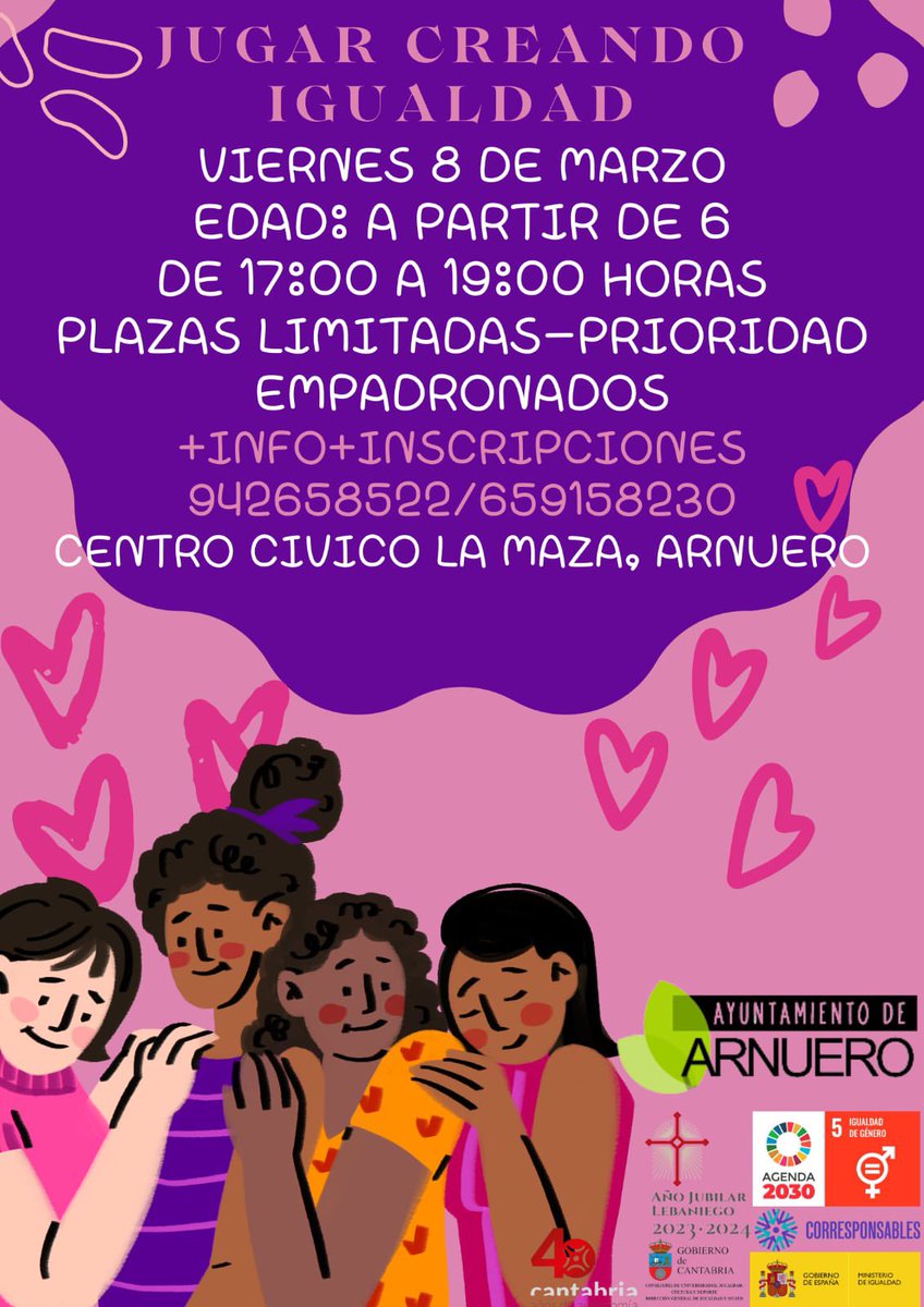 Mañana viernes 8 de Marzo de 17:00 a 19:00 en el Centro Cívico de la Maza, tendremos una actividad de Jugar Creando igualdad, edad a partir de 6 años. Puedes apuntarte en 942658522