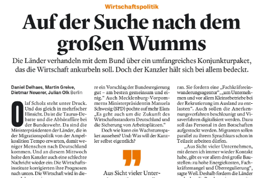BakerMcGER's tweet photo. Heute im @handelsblatt: Die Länder verhandeln mit dem Bund über ein umfangreiches #Konjunkturpaket, das die Wirtschaft ankurbeln soll. Doch der Kanzler hält sich bei allem bedeckt @MartinGreive @dneuerer @olk_julian #Wachstum https://t.co/ylG2X2Uoxu