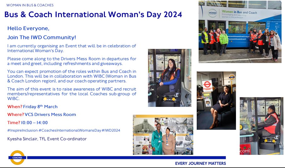 👩 @TfL are organising a special event at Victoria Coach Station on Fri 8th March, to coincide with International Women's Day 2024. Pop in to the Drivers Mess Room between 10:00-14:00 for an informal meet and greet, refreshments and some giveaways. #InternationalWomensDay