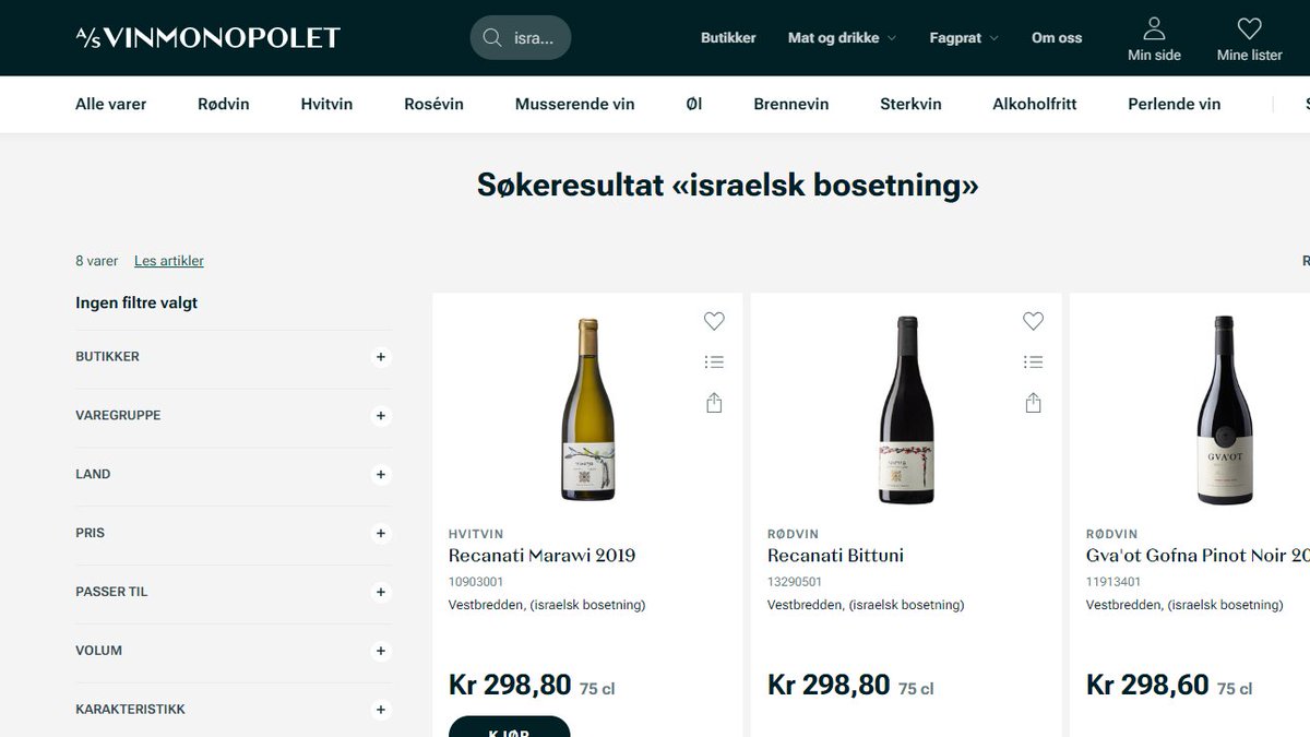 Ingen grunn til å vente til neste styremøte <a href="/Vinmonopolet/">Vinmonopolet</a> - det er grundig dokumentert at israelske bosetninger er ulovlige - og nå fraråder regjeringen all handel med varer fra bosetningene. Disse vinene bør ut av hyllene.