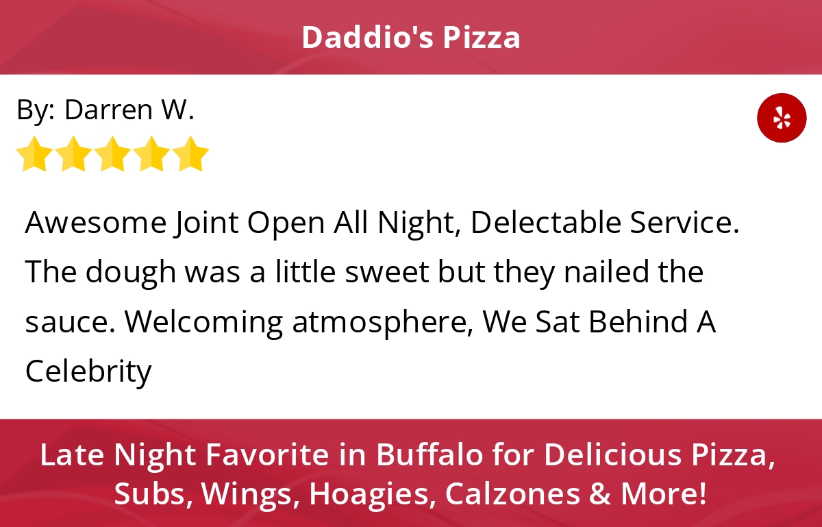 DaddiosPizza's tweet photo. 5 Star: Darren W. "Awesome Joint Open All Night, Delectable  Service. The dough was a little sweet..." https://t.co/byHSkkTCPJ