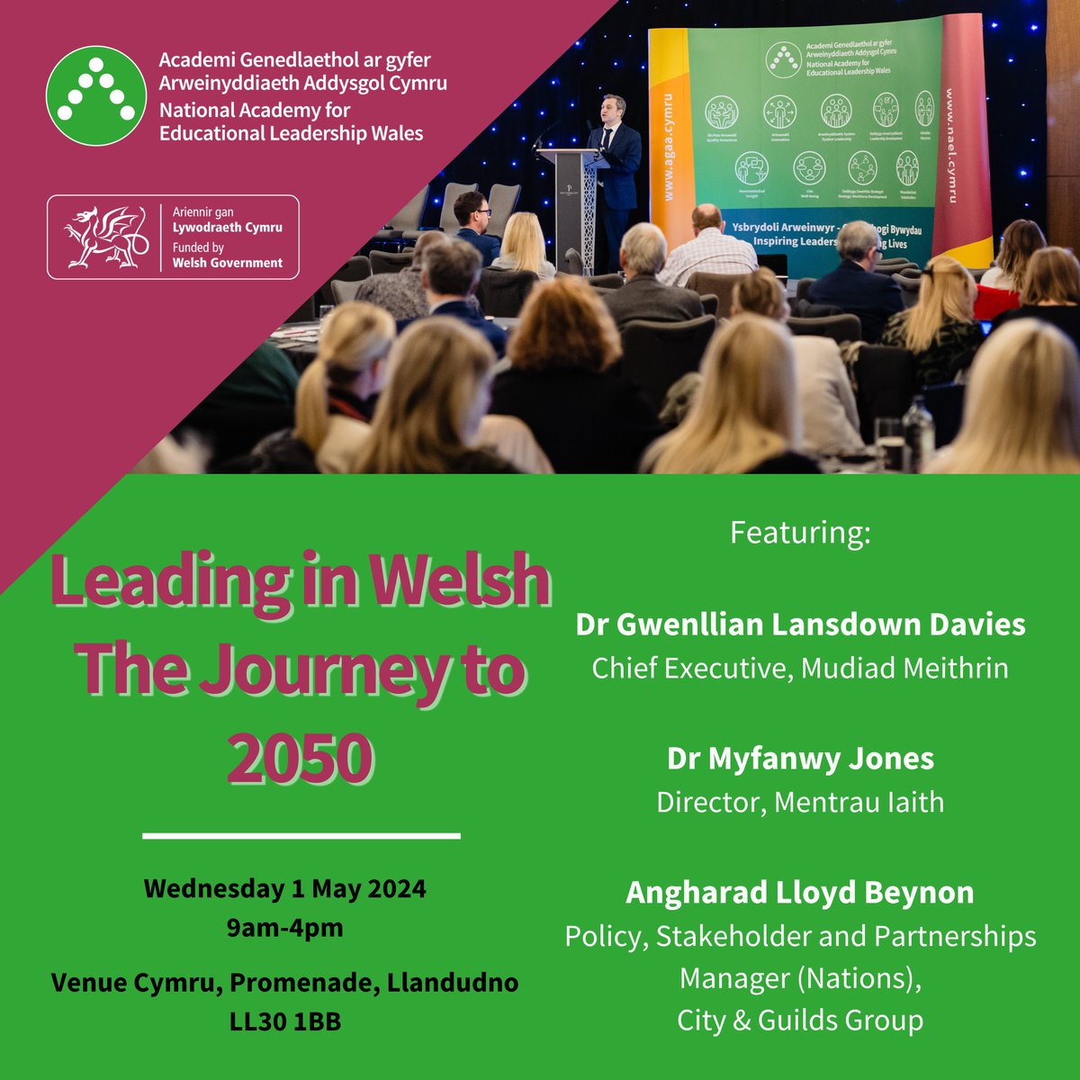 Join the #LeadershipAcademy for our first Leading in Welsh - The Journey to 2050 Conference on Wednesday 1 May at Venue Cymru in Llandudno. For more information and to book your place go to ow.ly/r2cQ50QKIEP @MudiadMeithrin @MentrauIaith @LlC_Addysg