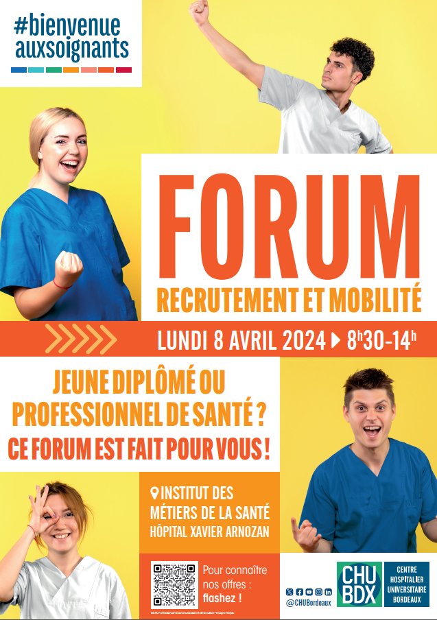 [#SAVETHEDATE] Le forum #recrutement et #mobilité du @CHUBordeaux arrive👀 ⌚️RDV lundi 8 avril de 8h30 à 14h 🗺️A l'Hôpital Xavier Arnozan au @CHUBordeaux @IMSCHUBordeaux Rencontrez des professionnels du @CHUBordeaux de tous les secteurs d'activité ! 👉chu-bordeaux.fr/Emplois-recrut…