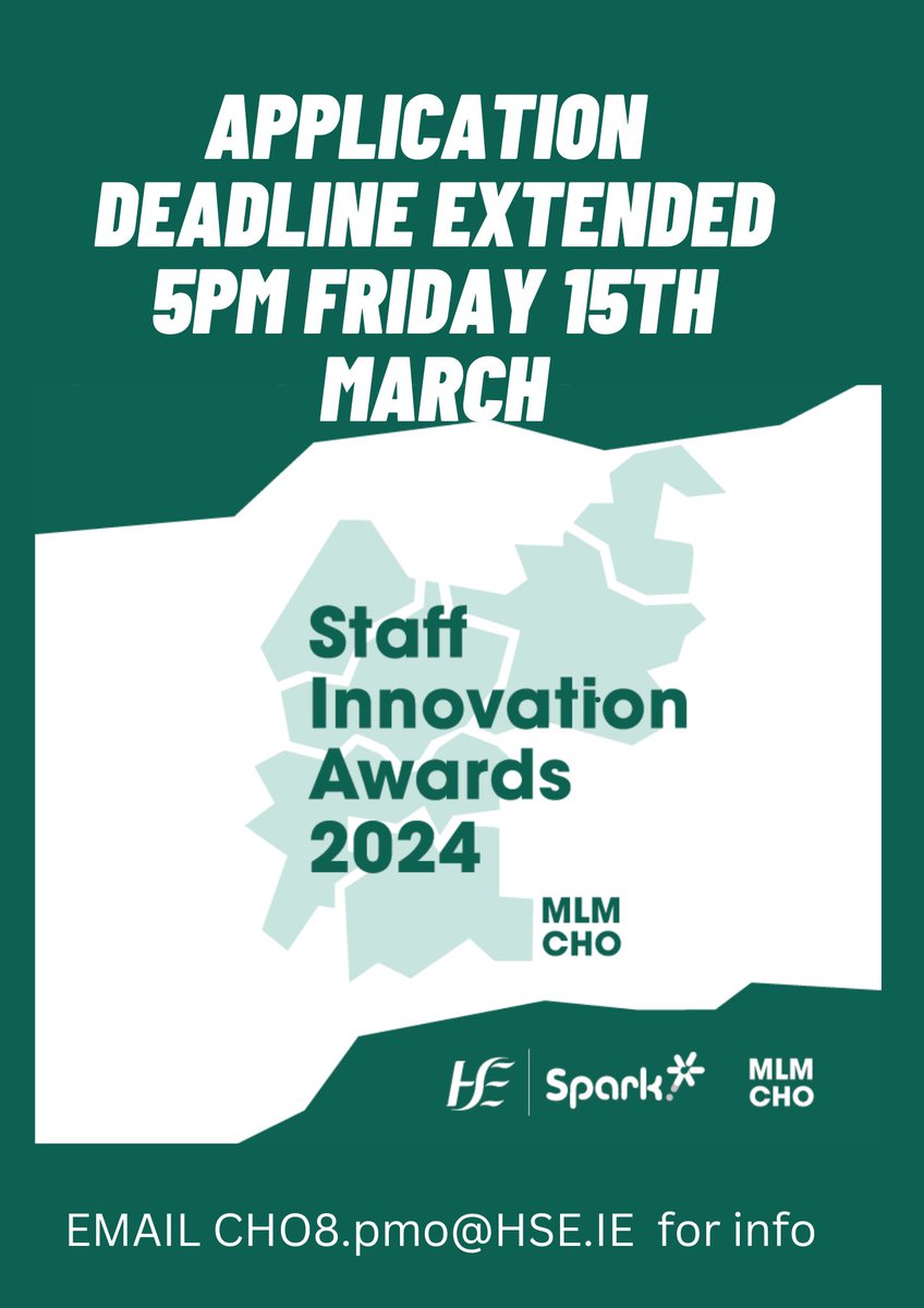 🌟 Deadline extension to 15th March 2024🌟. Midlands Louth Meath CHO Innovation Awards with the HSE Spark Innovation Programme. Application for shortlisting takes 10-15mins. forms.office.com/e/GdGXCeDJLc. or email CHO8.PMO@hse.ie