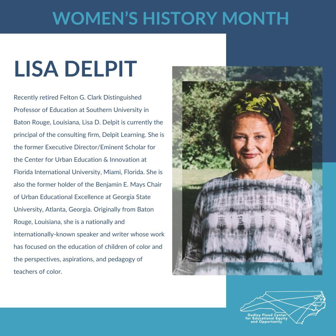 DudleyFloodCtr's tweet photo. #WHM Feature: Dr. Lisa Delpit, an educator & advocate whose work transforms classrooms & empowers marginalized voices. At #COE2023 Dr. Delpit delivered a powerful keynote on how we can co-create equitable spaces.
Learn more about Dr. Delpit & #COE here: https://t.co/HioRczUDsh https://t.co/fG86UxV0YB