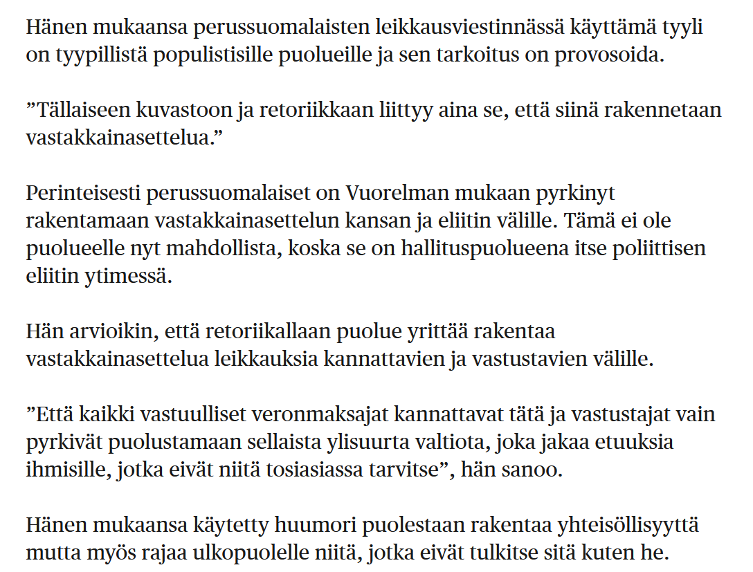 Petteri Orpon hallitus on tekemässä eräänlaista käänteistä talvisodan ihmettä, jossa vaikealla hetkellä ajetaan tarkoituksella Suomen kansaa hajalleen ja toisiaan vastaan.