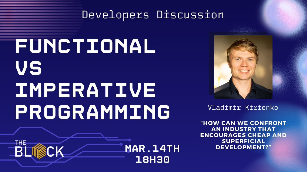 Hello community! Next week, we'll be gathering at The Block for a Dev Conversation on 'Functional vs. Imperative programming' Join us for this roundtable to discuss the pros and cons of these different programming approaches! meetup.com/theblock/event…