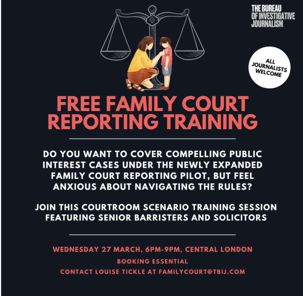 Dear Journalists This is a brilliant idea And it’s free Want to report on the family courts? This is an invitation to a unique ‘courtroom scenario’ training event on Wednesday 27 March, 6pm-9pm, in central London Contact @louisetickle at familycourt@tbij.com (Plse RT)