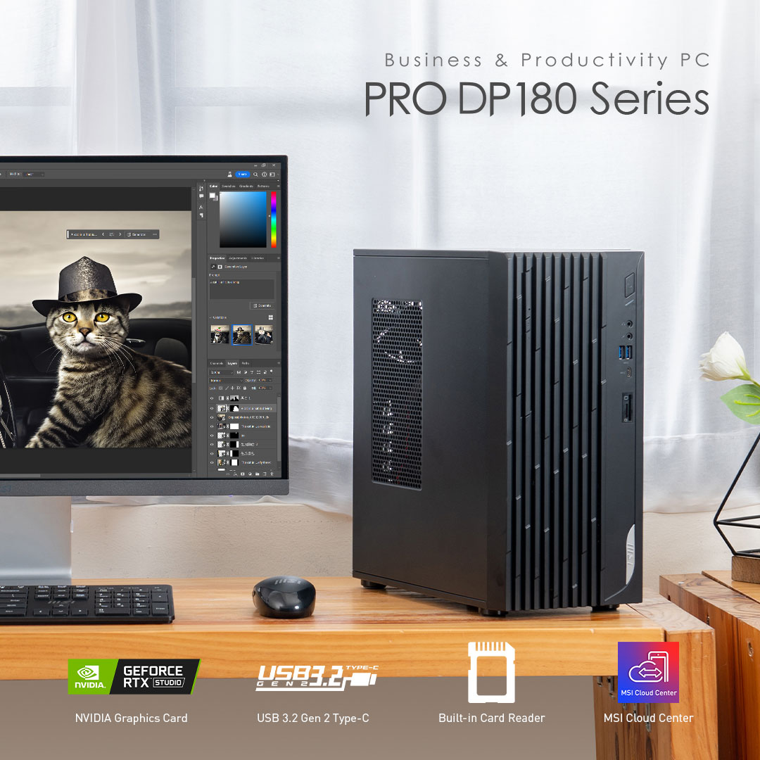 Ready for your next extraordinary idea💡 📍 Up to Intel Core i7 processor 14700 📍 Discrete NVIDIA GeForce Graphics Card 📍 USB 3.2 Gen 2 Type C With built-in card reader and MSI Cloud Center, you can also transfer files easily. 👉 msi.gm/pro_dp180 #ProSeries #Desktop
