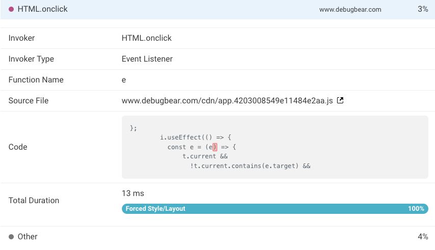 Debugging INP? We now show a source code snippet for long tasks contributing to interaction delays. This is based on the LoAF API that comes to Chrome stable on the 19th of March. debugbear.com/real-user-moni…