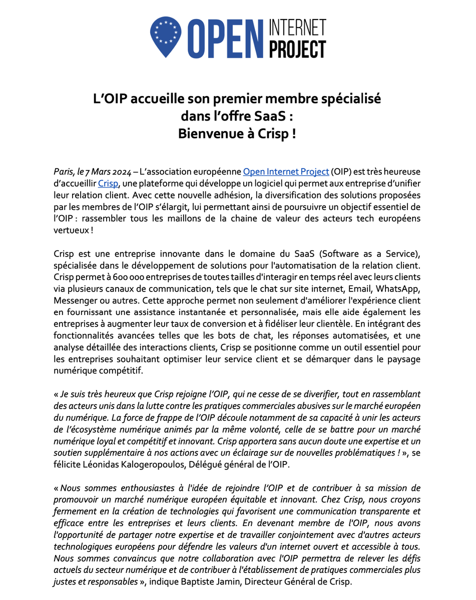 OpenInternetProject (@openinternetpro) on Twitter photo Bienvenue à <a href="/crisp_im/">Crisp</a> ! La diversification des membres qui rejoignent <a href="/OpenInternetPro/">OpenInternetProject</a> se poursuit avec un objectif essentiel : rassembler tous les maillons de la chaine de valeur des acteurs #tech européens vertueux ! <a href="/leonidas_kalo/">Léonidas Kalogeropoulos</a> <a href="/baptistejamin/">Baptiste Jamin</a> Bienvenue à <a href="/crisp_im/">Crisp</a> ! La diversification des membres qui rejoignent <a href="/OpenInternetPro/">OpenInternetProject</a> se poursuit avec un objectif essentiel : rassembler tous les maillons de la chaine de valeur des acteurs #tech européens vertueux ! <a href="/leonidas_kalo/">Léonidas Kalogeropoulos</a> <a href="/baptistejamin/">Baptiste Jamin</a>