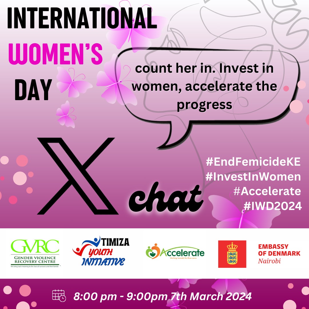 As we celebrate the #InternationalWomensDay ,We foster inclusion,investing in Women and accelerating progress. Tune in for this amazing engagement on Twitter Chat tonight. #InterantionalWomensDay2024 #Endfemicidekenya #Empoweringwomen #EndGBV #InvestInWomen #AccellerateProgress