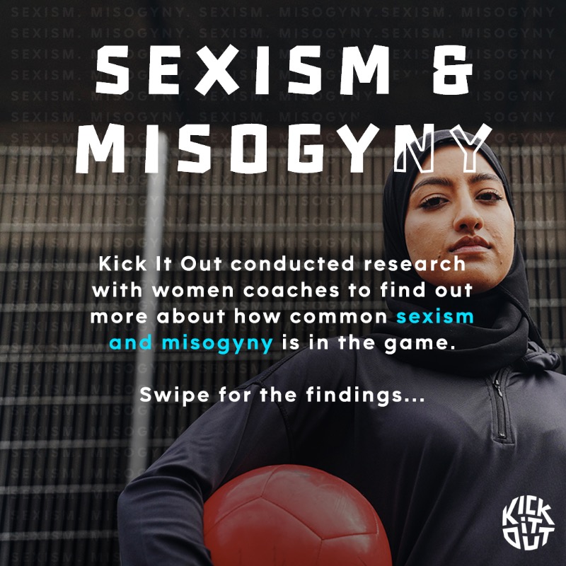 kickitout's tweet photo. ‼️ 80% of women have experienced sexism while coaching, Kick It Out research suggests.

We surveyed women football coaches to investigate the levels of sexism and misogyny they face.

👉 Swipe for the findings and click the link to read more.