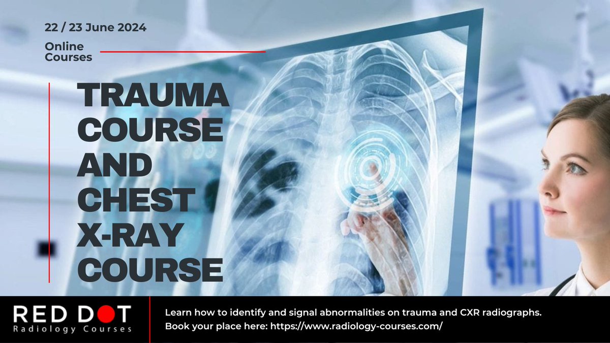 SCoRMembers's tweet photo. Looking to learn how to identify and signal abnormalities on trauma and CXR radiographs?

Join the Radiology Red Dot Trauma Course on 22 June 2024, and Radiology Red Dot CXR Course on 23 June 2024.

Sign up now: https://t.co/X1f2uM7P3k https://t.co/viowo8wEDB