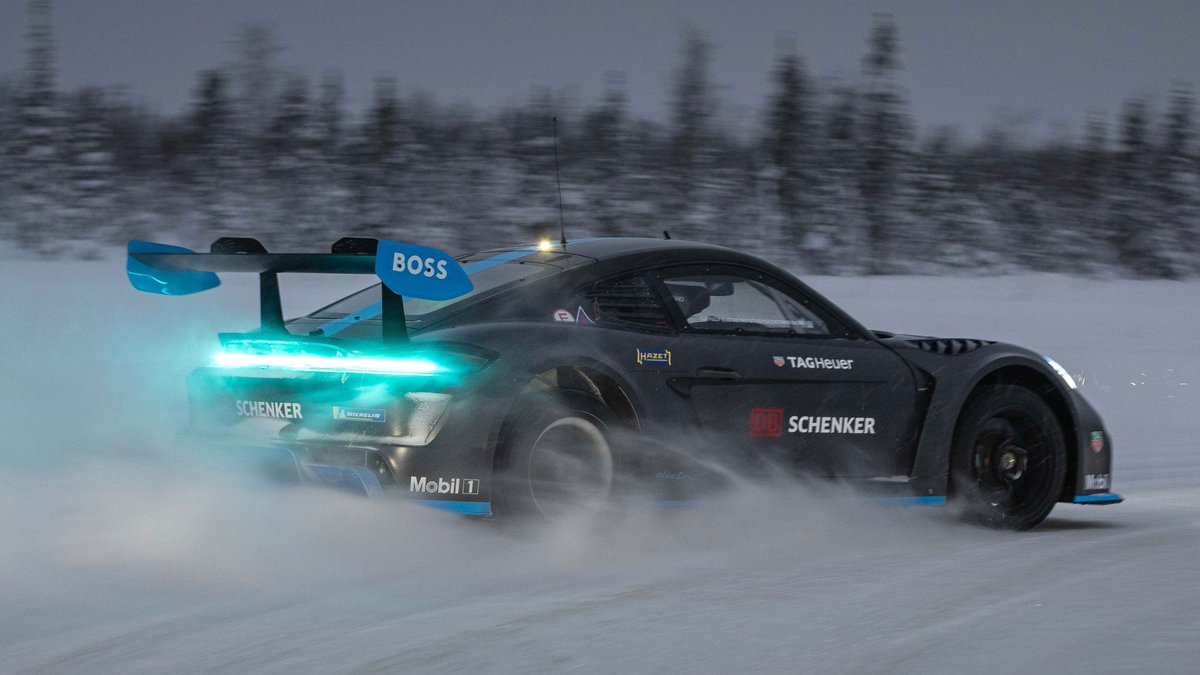 PorscheRaces's tweet photo. #GT4ePerformance – Arctic exploration: Drifting an experimental 800 kW (1,088 PS) all-electric race car to get to know the #Porsche GT4 e-Performance in a frozen Scandi wilderness https://t.co/DFyjo7HIFZ