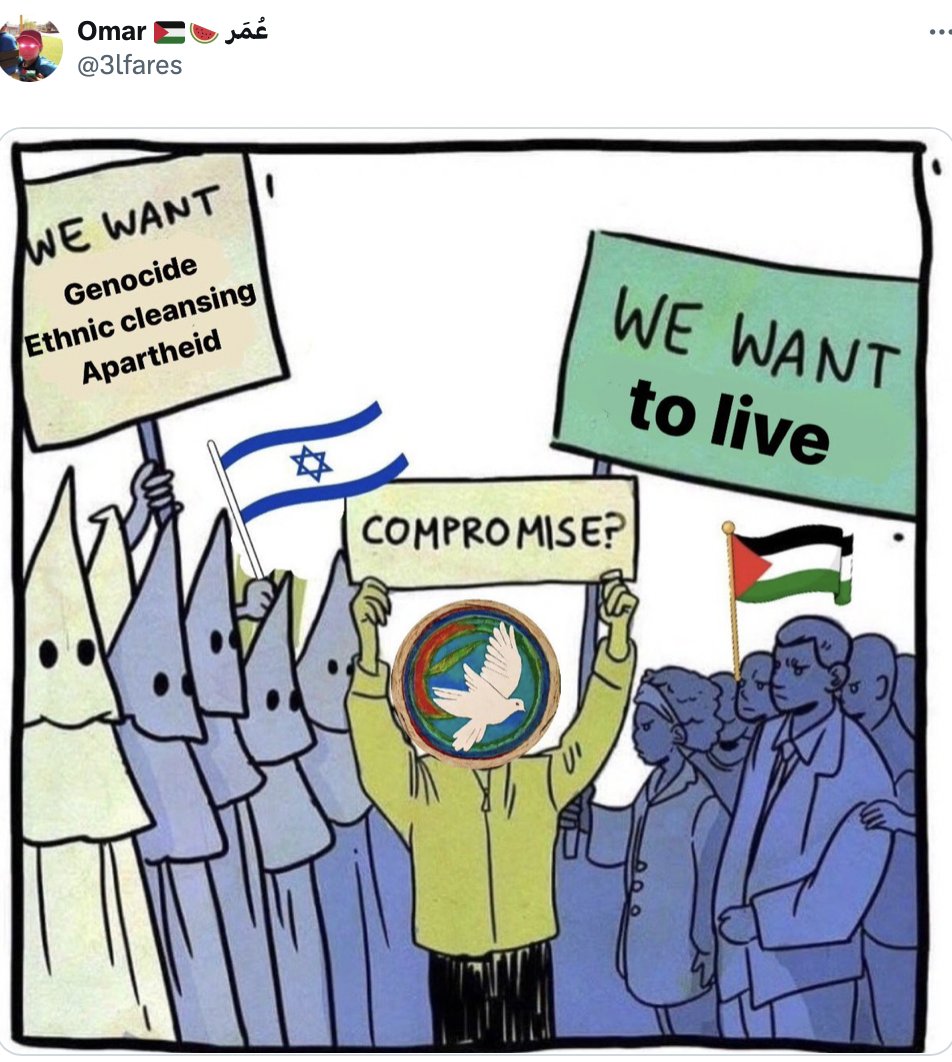 aziz0nomics's tweet photo. Omar likes to oversimplify the Israeli-Palestinian conflict into a Manichean struggle between oppressed Palestinians and brutal apartheidist Israelis in KKK hoods.  

But I don't think this is actually the pathway to resolving the conflict.  In fact, I think it is the pathway to endless war, and endless escalating losses and grievances.  

The fact is that a majority on both sides deep down are something like normal people who just want to live their lives, they are not ideologues who want to ethnically cleanse the other.  But people on both sides have been extremely traumatised by the ongoing conflict, and the wars, bombings, terrorism, and the loss of friends and family members.   

This is how you end up with polls saying that many Palestinians support Hamas, or polls saying that many Israelis believe that they are not using enough firepower in Gaza.  

The actual solution, which I hope we get to in the end, is that both sides can humanise the other and recognise that the majority of Palestinian and Israeli people are just normal people who want to live.  

That is the only way that extremist and violent elements on either side who advocate for continued conflict in pursuit of "justice" will end up being marginalised and prevented from having any further influence.