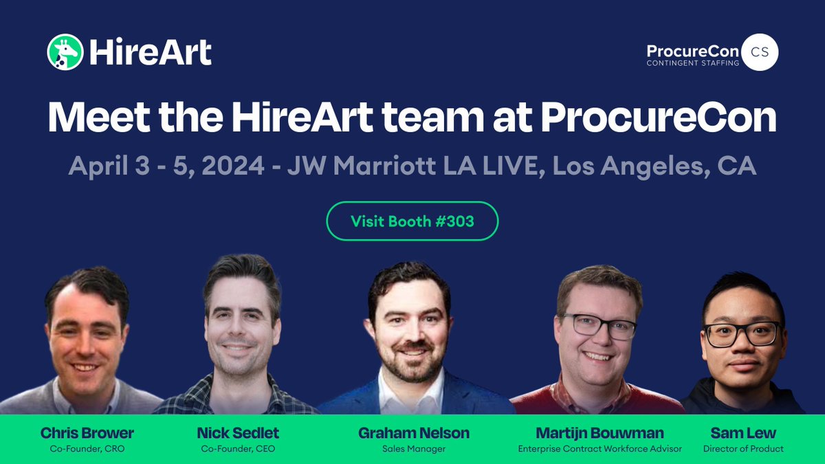 ProcureCon is just a few weeks away, and we're very excited for the conversations and engagement. Be sure to stop by booth #303 to meet the HireArt team!

#extendedworkforce #contingentlabor #contingentworkforce #staffing #talentacquisition #procurement