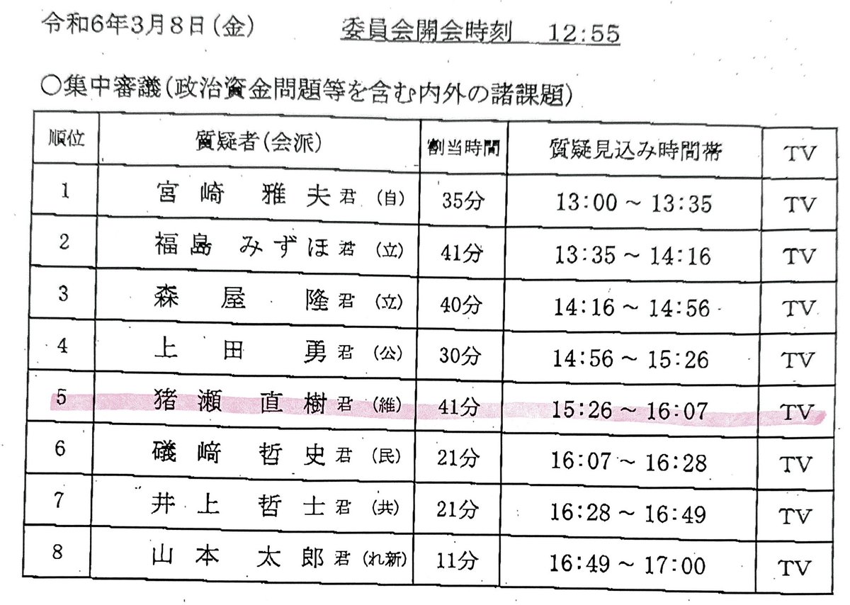 inosenaoki's tweet photo. 南海トラフ確率80%という予測は水増しされた非科学的なものであり国土強靭化予算が偏って使われてきた（二階前幹事長の和歌山県など）ことを明らかにし、いっぽうで熊本地震や能登地震のような活断層型への注意が逸らされてきた事実を示すつもりです。
　参院予算委、猪瀬の質疑は15時26分から16時7分まで。
　質問通告の中身がシビアなので総理答弁等のために513号室（猪瀬事務所）の前は役人の人だかり。