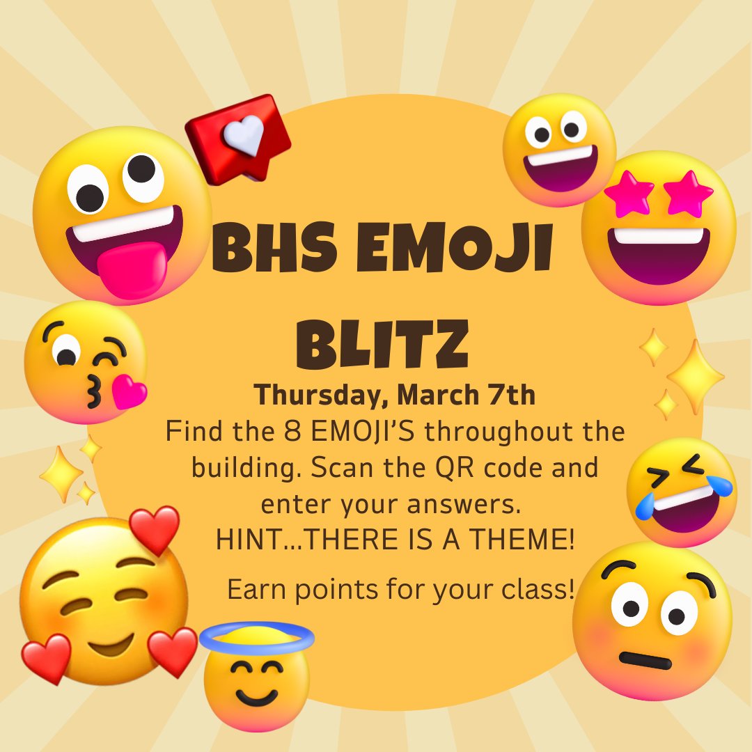 AbbyBusing_BHS's tweet photo. The Emoji Blitz is happening all day today!  There are 8 challenges...8 chances to earn major pts before Fri! The freshmen are in the lead by less than 40 pts. https://t.co/WyKkUg7Rqy