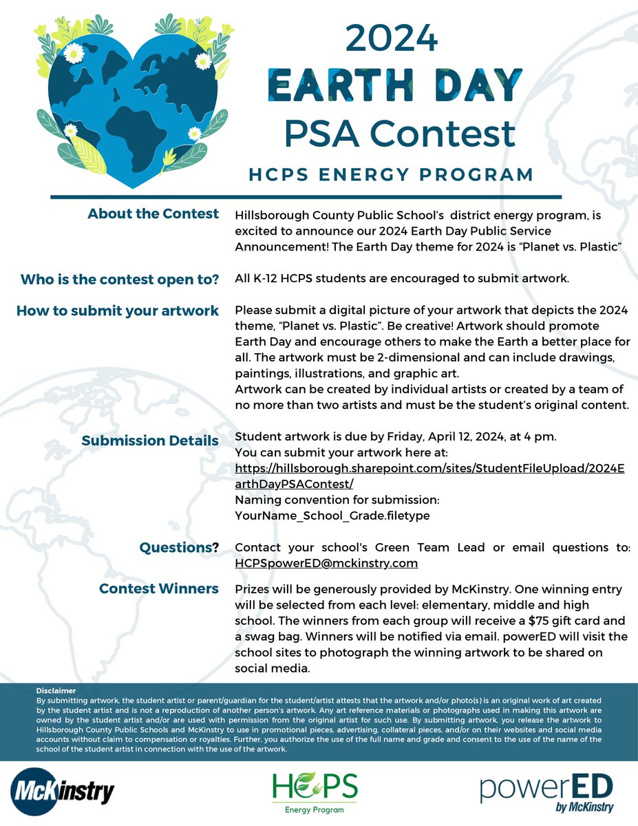 In partnership with @lifeatmckinstry, we are excited to announce our 2024 Earth Day PSA Contest!

The theme for this year's contest is “Planet vs. Plastic.” Students are encouraged to submit artwork that depicts the theme by April 12 at 4 p.m. 

bit.ly/3T4nYuw.