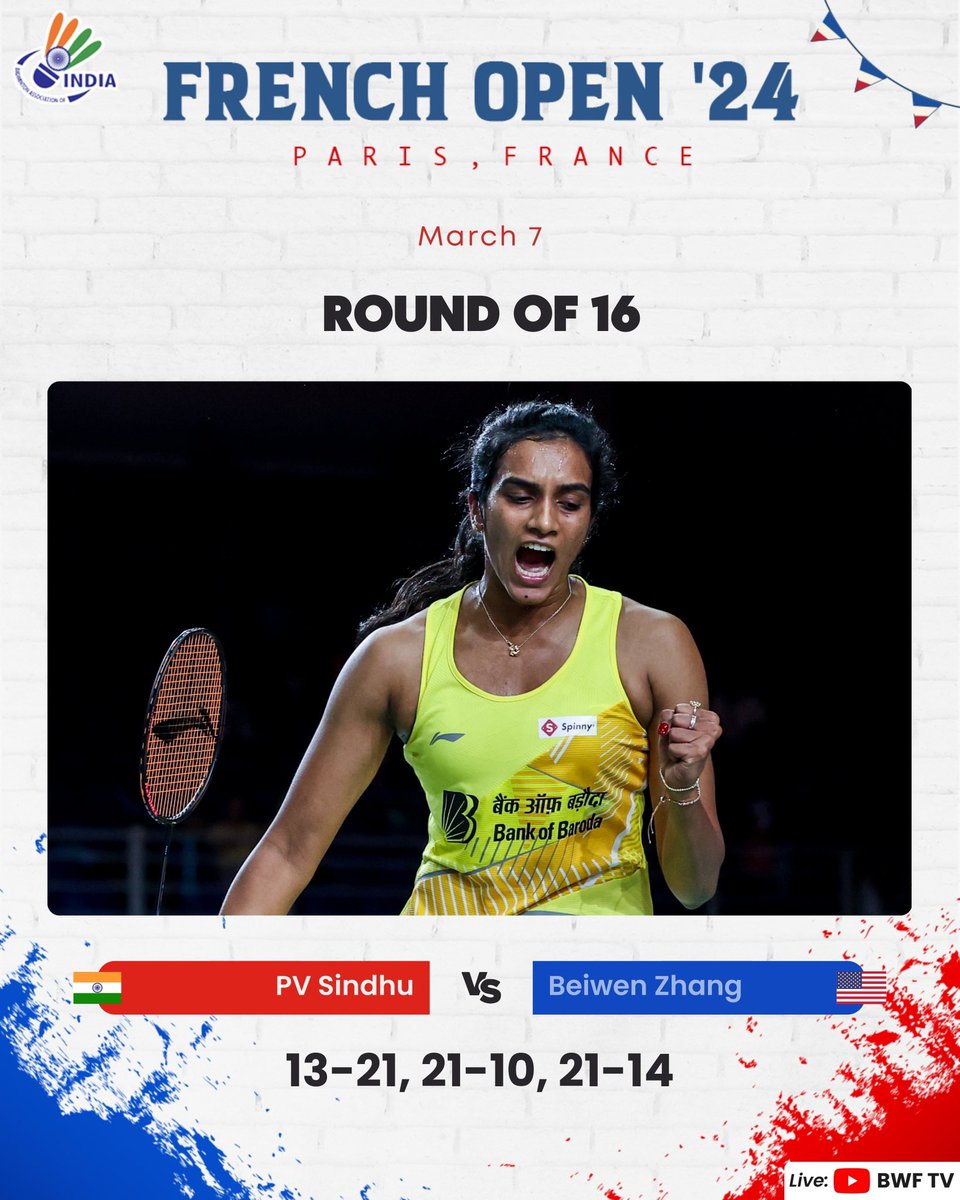 BAI Media (@bai_media) on Twitter photo Sindhu continues her stellar run, enters quarterfinal with another ecstatic win 🤩💪
📸: <a href="/badmintonphoto/">Badmintonphoto</a>
#FrenchOpen2024
#IndiaontheRise
#Badminton Sindhu continues her stellar run, enters quarterfinal with another ecstatic win 🤩💪
📸: <a href="/badmintonphoto/">Badmintonphoto</a>
#FrenchOpen2024
#IndiaontheRise
#Badminton
