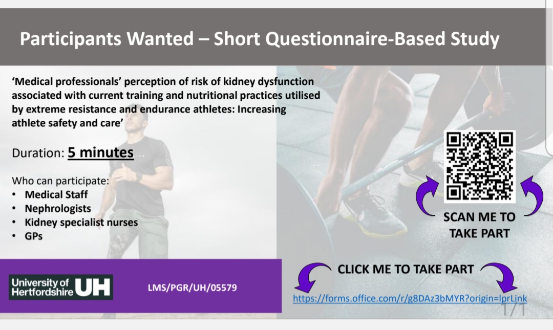 VTidmas_Kidneys's tweet photo. Calling !! Medical Professionals!! who come across extreme resistance and/or endurance athletes. 
If you have 5 minutes please fill out this short questionnaire to help advice safe athlete practice &amp; kidney function. 
https://t.co/Aux0S3W1hk
@UniofHertsIoS @UniofHerts https://t.co/aNf023z7AX