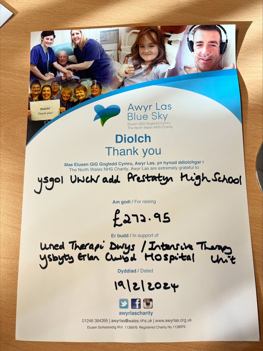 A lovely thank you to all PHS pupils and staff for their contributions towards Glan Clwyd Hospital during our last own clothes day! <a href="/awyrlascharity/">Awyr Las: The North Wales NHS Charity</a>