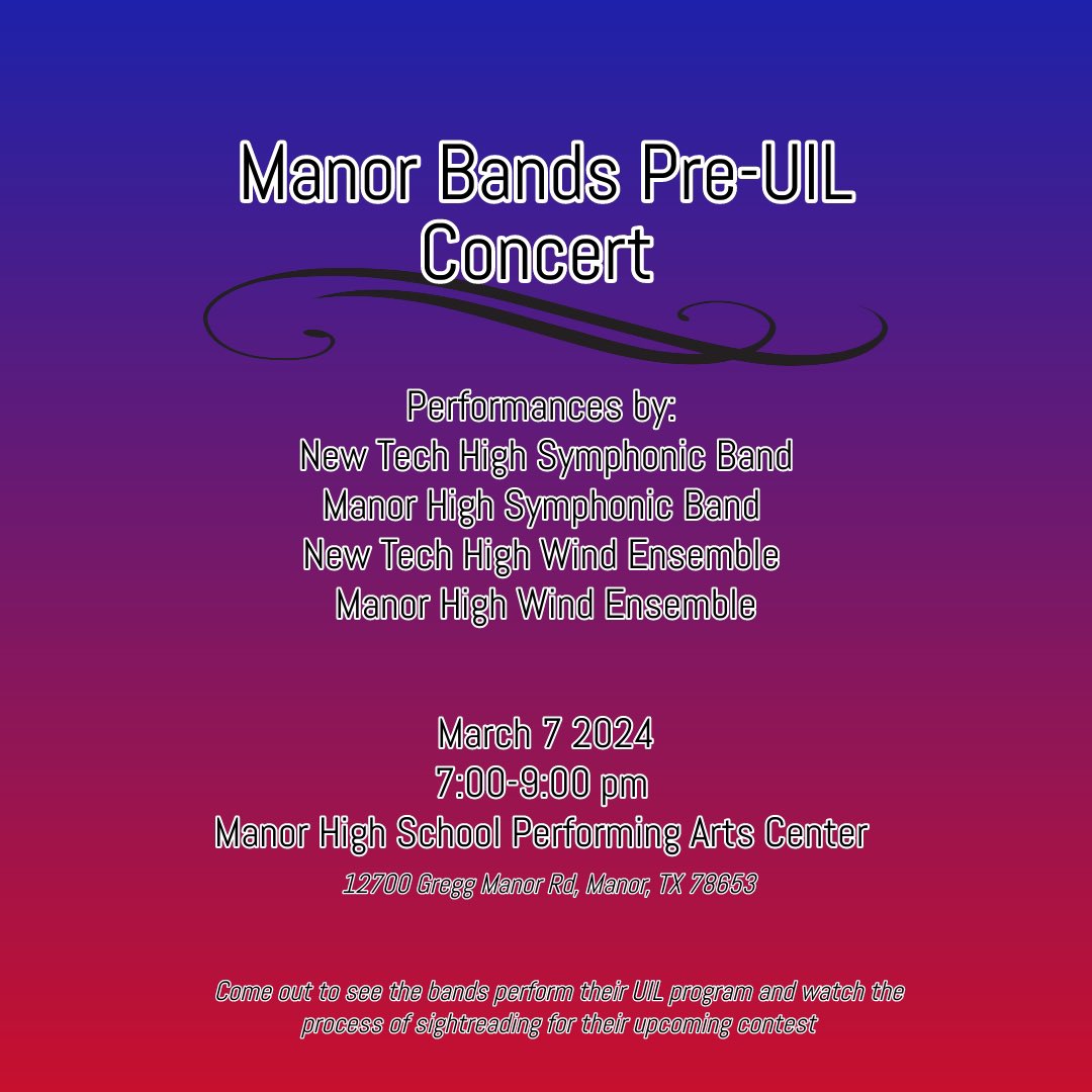 @TitanRegiment (@titanregiment1) on Twitter photo SHOW DAY! Come spend your evening with the high school bands of <a href="/ManorISD/">Manor ISD</a> !!!
<a href="/BandManor/">Manor Mustang Band</a> <a href="/Manor_FA/">Manor Fine Arts</a> SHOW DAY! Come spend your evening with the high school bands of <a href="/ManorISD/">Manor ISD</a> !!!
<a href="/BandManor/">Manor Mustang Band</a> <a href="/Manor_FA/">Manor Fine Arts</a>