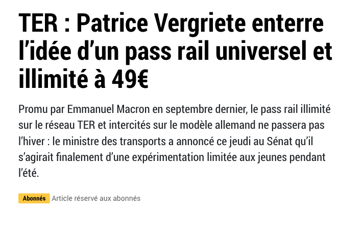 Nouveau renoncement
➡️avr. 2022 : "ce quinquennat sera écologique ou ne sera pas"
➡️sept 2023 : E. Macron et le ministre des transports favorable à un pass rail universel
➡️mars 2024 : promesse enterrée

L'Elysée et ce quinquennat sont un cimetière de promesses écolos enterrées.